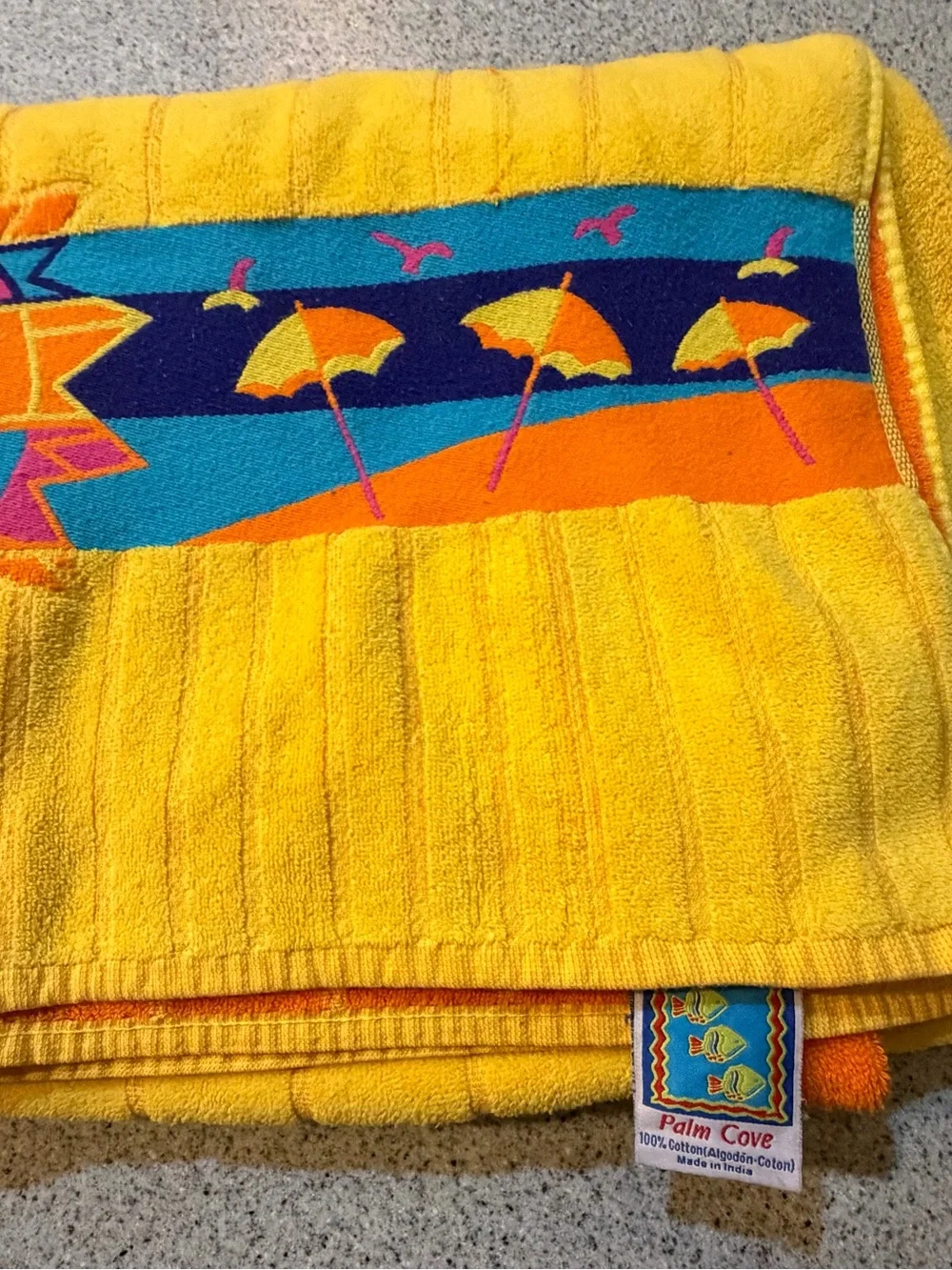 Vtg Franco Palm Cove Beach Towel Yellow Orange Reversible Retro Neon Sun 80s 90s